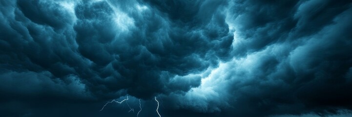 Obraz premium Dark stormy clouds with lightning in dramatic sky, powerful natural phenomenon, storm, energy