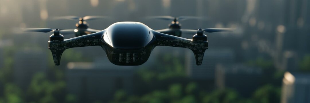 Futuristic black drone hovering over cityscape, technology innovation, aerial surveillance, modern urban exploration