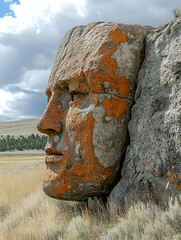 Profile of a weathered stone face carved into a cliffside, orange lichen accents
