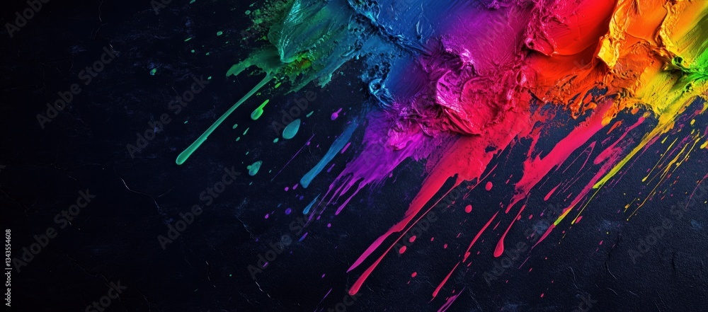 Poster vibrant abstract paint splatter on dark background: artistic texture and design element