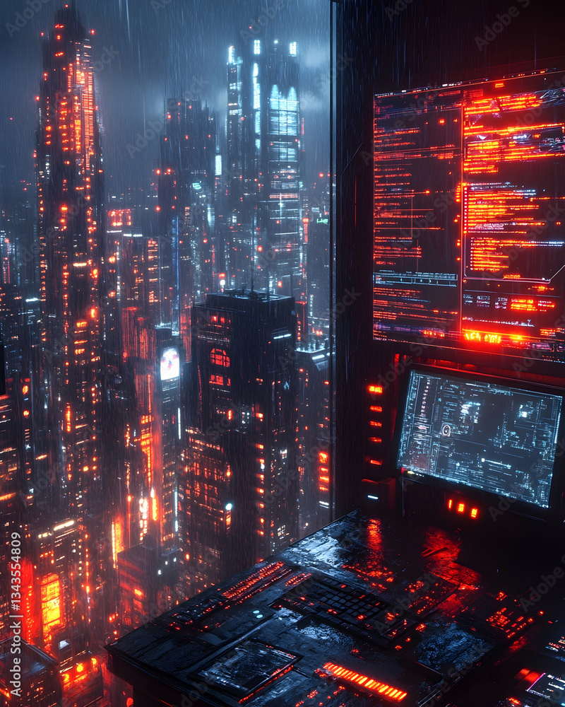 Poster rain-lashed futuristic cityscape viewed from a high-tech control room at night, illuminated by glowi