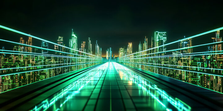 A cyberpunk 3D background depicting a neon-lit bridge extending into a digital city skyline. The high-tech lighting and reflections create an electrifying urban atmosphere.