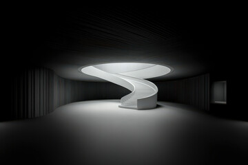 Dramatic black and white architecture with futuristic curved staircase, strong contrasts, and modern minimalism. High contrast light and shadows create depth and mystery.