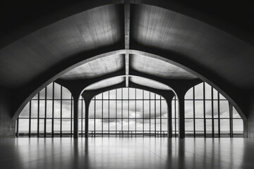 Symmetrical industrial architecture in black and white with large arched windows, high contrast lighting, and geometric composition. Abstract architectural perspective.