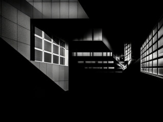 Dramatic black and white modern building with strong geometric patterns, deep shadows, and abstract composition. High contrast architecture photography.
