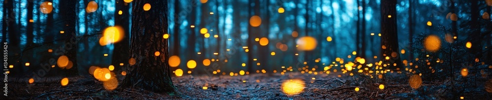 Poster a mysterious forest where keywords float like fireflies.