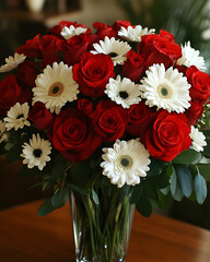 Red roses and white gerbera daisies in a glass vase