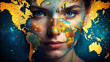 Abstract Dotted World Map Portrait Photography - Global Connectivity Concept