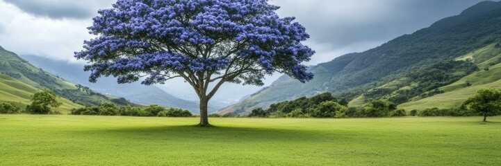 Fototapeta premium Majestic jacaranda tree with vibrant purple blooms, serene landscape, springtime growth, nature's beauty