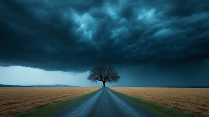 Solitary tree under stormy sky, serene nature landscape, dramatic weather, introspective mood, dark clouds