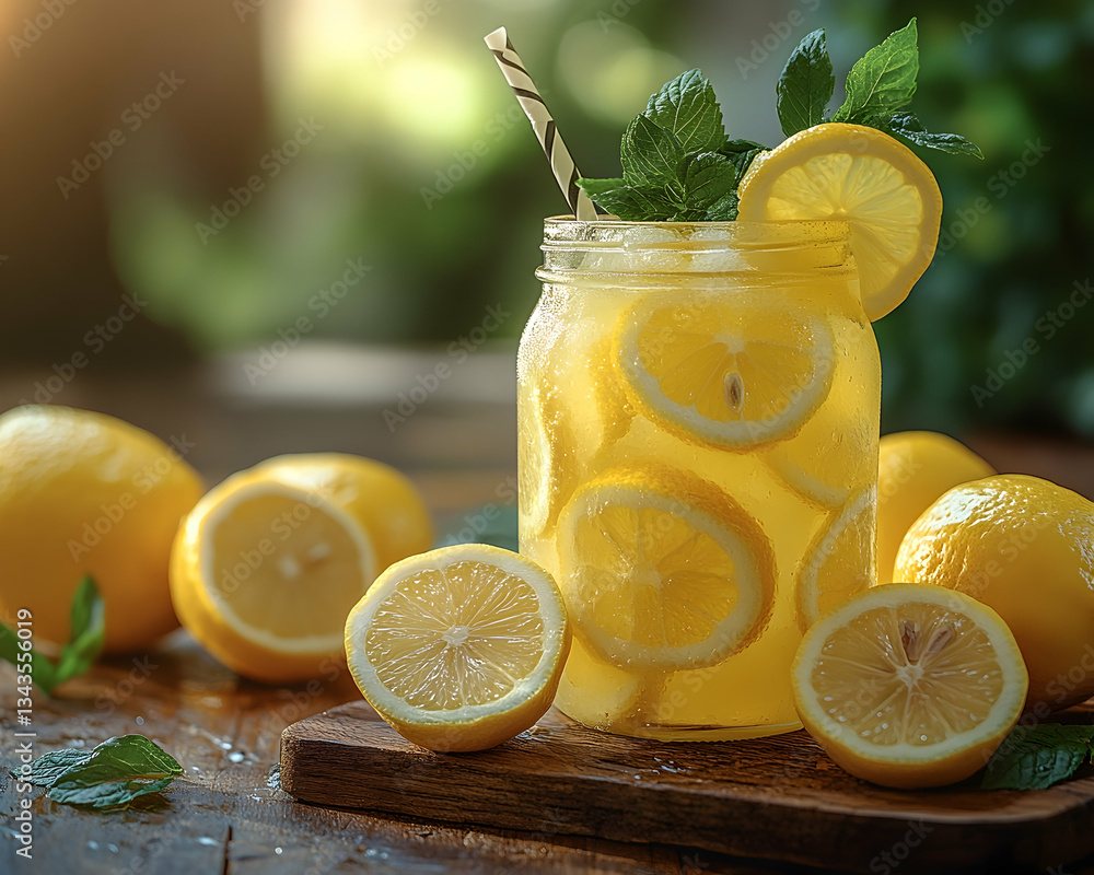 Poster refreshing lemonade in a mason jar with lemon slices and mint