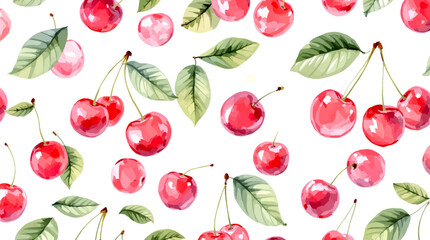 Watercolor red cherries on white background seamless vector pattern	