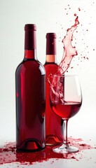 Wine bottles and glasses with red white wine splash, spill, beverages