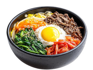 A vibrant bowl of bibimbap featuring rice, vegetables, beef, and a sunny-side-up egg, garnished with sesame seeds, Transparent background.