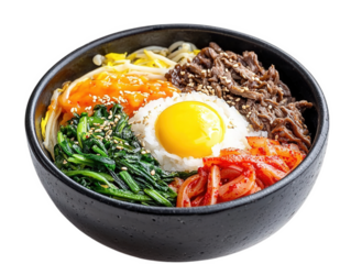 A vibrant bowl of bibimbap featuring rice, vegetables, beef, and a sunny-side-up egg, garnished with sesame seeds, Transparent background.