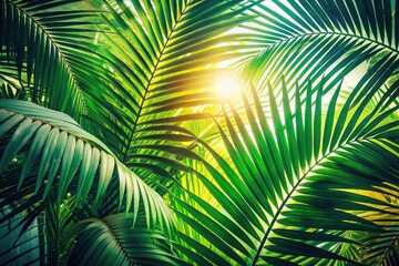 Fototapeta premium Sun-drenched vintage palm leaves cast delicate shadows on a pristine white background.