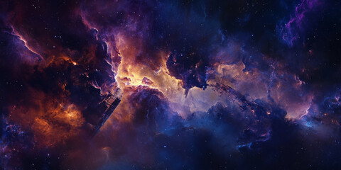 Fototapeta premium A cosmic 3D background displaying an immense space station orbiting a distant exoplanet, bathed in the soft glow of a nearby nebula. The intricate details and illuminated docking bays enhance the