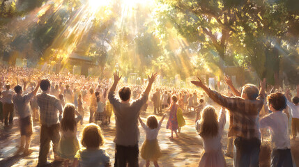 A cheerful crowd of people joyfully dancing together at a local community event celebrating with laughter and music in a vibrant atmosphere.