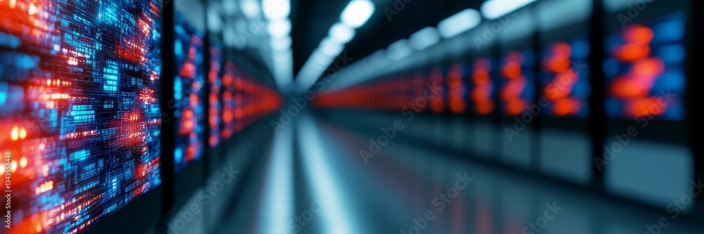 Poster a futuristic data center corridor, digital technology infrastructure, secure server storage, innovat