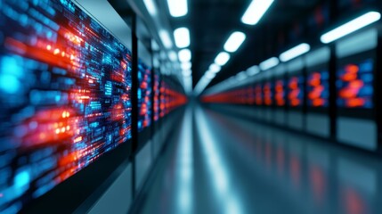 Futuristic server room with glowing data streams, digital technology, cybersecurity infrastructure concept, modern IT network
