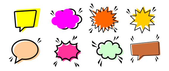 Cartoon empty retro comic style speech bubbles set in pastel colors. Hand drawn pop art, vintage speech clouds, thinking bubbles, and conversation text elements. Vector illustration