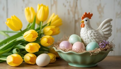 Festive Spring Display Yellow Tulips Easter Eggs and Chicken Figurine