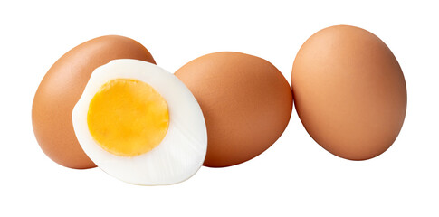 Front view or top view of raw brown chicken eggs and cooked or boiled chicken egg with egg yolk in half in pile or stack isolated on white background with clipping path