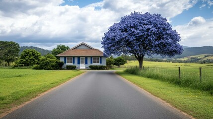 Naklejka premium Charming rural house with vibrant blue jacaranda tree, springtime nature, peaceful countryside retreat landscape