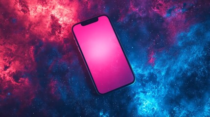 Phone with pink screen on cosmic background of blue red