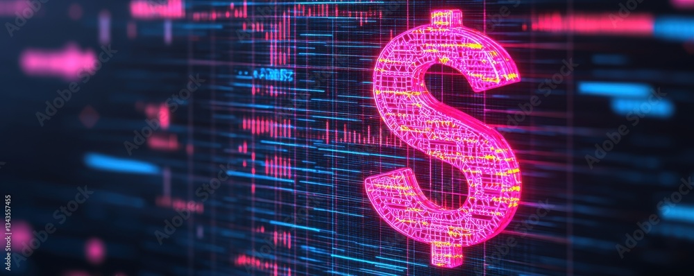 Poster a vibrant digital representation of a dollar sign, set against a backdrop of colorful data lines, sy