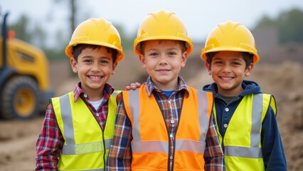 three boys on a construction site in helmets and construction vests
