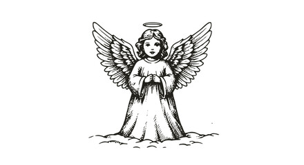 Obraz premium Vintage hand-drawn angel with wings and halo illustration.