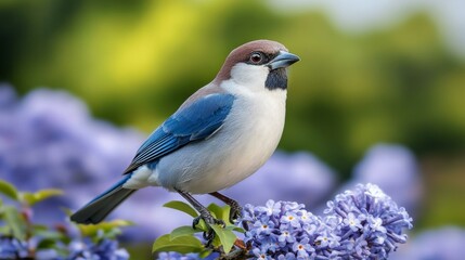 Obraz premium A vibrant bird perched on lilac flowers, symbolizing spring and nature's beauty, ideal for gardening enthusiasts