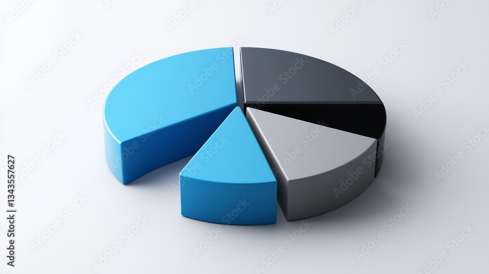 Poster a d pie chart with three large, bold slices, using a minimalist color scheme of blue, gray, and blac