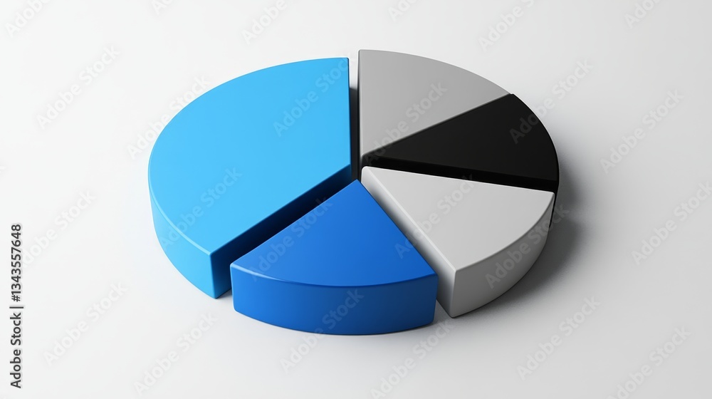 Poster a d pie chart with three large, bold slices, using a minimalist color scheme of blue, gray, and blac