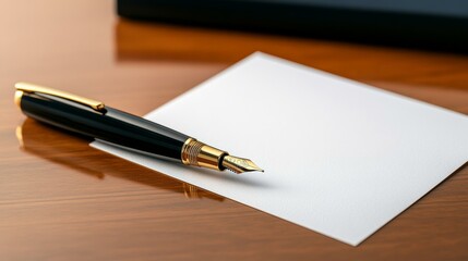 Luxury fountain pen on blank paper sheet, symbolizing writing creativity and professional communication