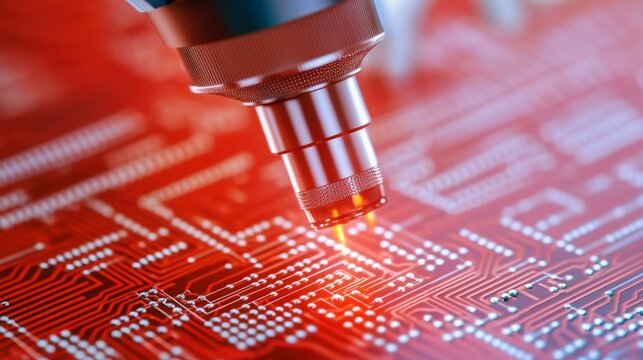 Microscope analyzing red circuit board, technology innovation, electronic engineering, precision inspection, tech industry progress