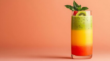 Vibrant layered fruit smoothie with kiwi, orange, and strawberry, refreshing summer beverage, wellness and detox