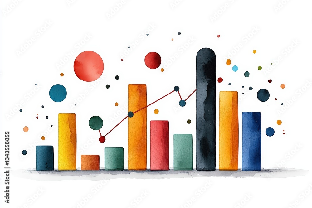 Poster colorful data visualization with bars and circles representing statistics and trends in a modern, ar
