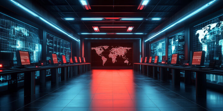 A thrilling 3D background of a secret underground bunker filled with high-tech surveillance equipment, encrypted computers, and holographic world maps. Red warning lights flicker, signaling an