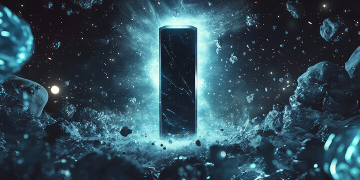 A futuristic 3D background showcasing a levitating monolith surrounded by floating energy particles. The sci-fi aesthetic suggests extraterrestrial intelligence and ancient advanced civilizations.