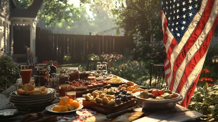 On Memorial Day, an American flag draped over a table laden with food