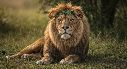 Fototapeta premium Majestic male lion resting in the grasslands.