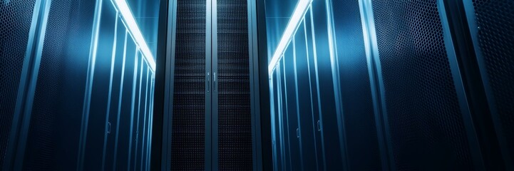 Futuristic data center corridor with glowing blue lights, technology innovation, digital infrastructure concept