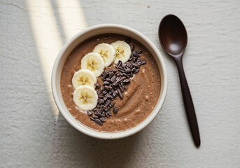 Chocolate smoothie bowl with banana and cacao nibs.