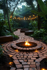 Serene outdoor fire pit with winding brick path, nestled in a lush, illuminated garden