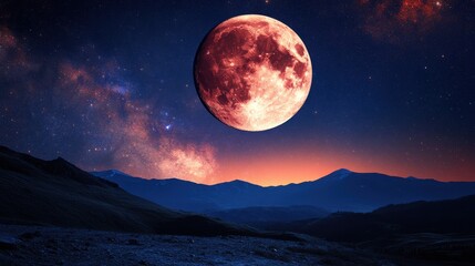 Glowing Red Full Moon Over Serene Mountain Landscape at Dusk