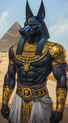 Fototapeta premium Anubis, the Egyptian god of the dead, depicted in stunning detail with dark skin and a powerful physique, stands in a desert landscape