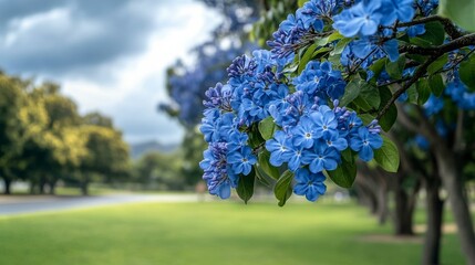 Jacaranda tree in bloom, vibrant blue flowers symbolize spring renewal, serene park landscape scene