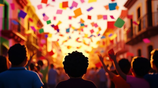 Festive street celebration with colorful confetti, diverse crowd, joyful Latino culture, carnival atmosphere